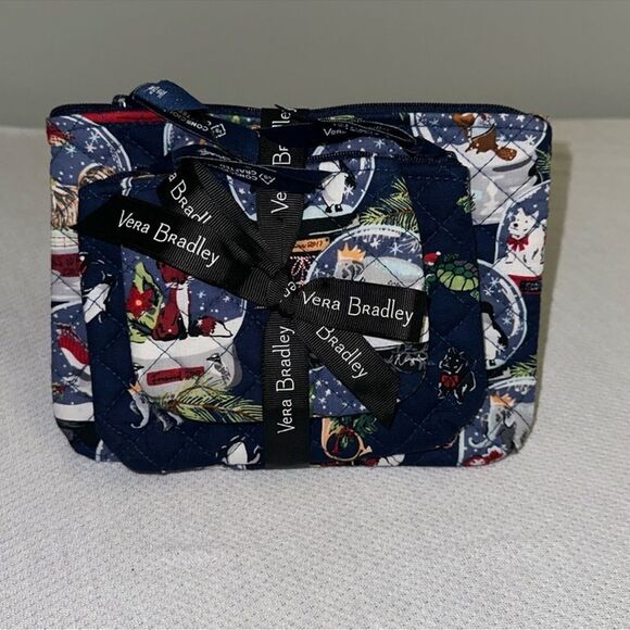 Vera Bradley Navy Multicolored Snow Globe Motifs Cosmetic Trio Bag Set - Picture 1 of 9